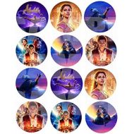 Party Over Here Aladdin Movie Stickers, Large 2.5” Round Circle DIY Stickers to Place onto Party Favor Bags, Cards, Boxes or Containers -12 pcs Alladin Princess Jasmine Jafar Genie Magic Lamp
